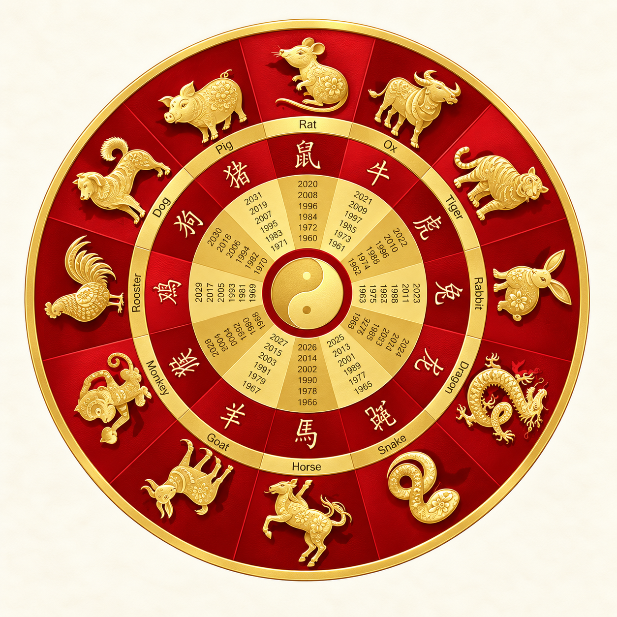 Chinese Zodiac wheel with twelve gold animals