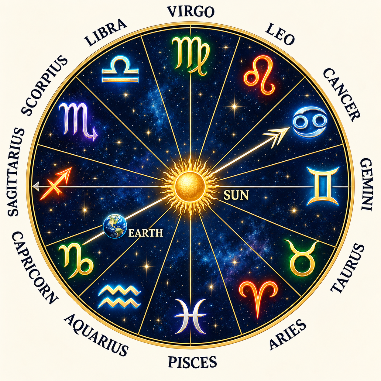 Western Astrology wheel with twelve vivid signs on midnight blue